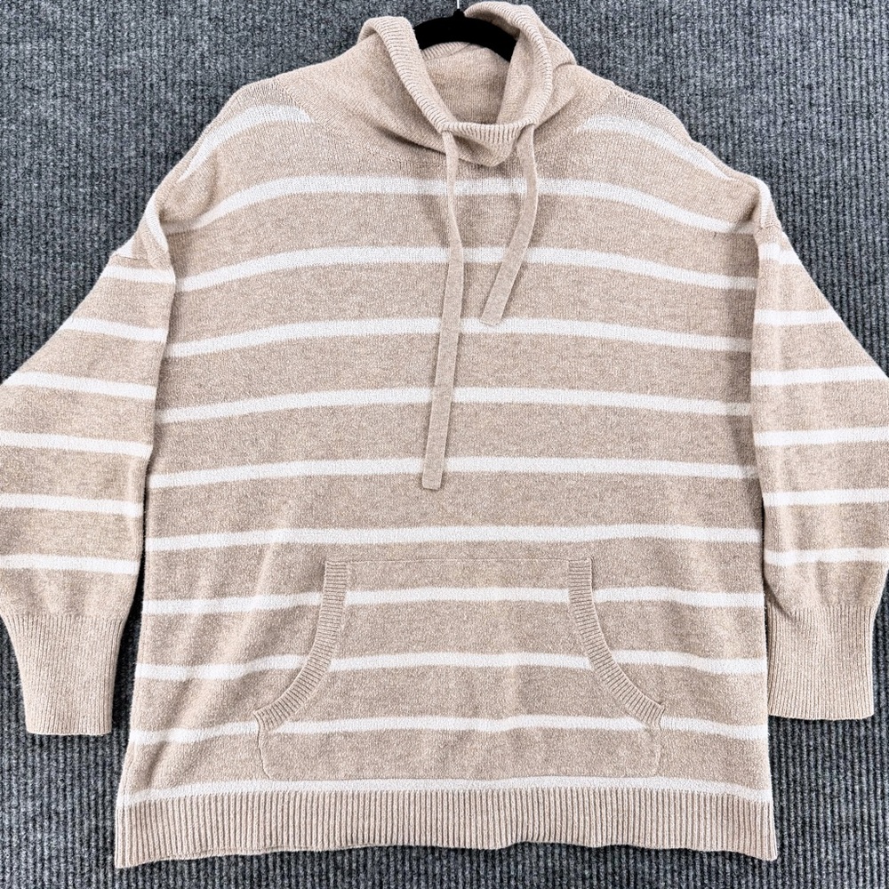 Womens Striped‎ Cream Hoodie Sweater Oversized Beige Cozy XXL LOFT Quiet Luxury